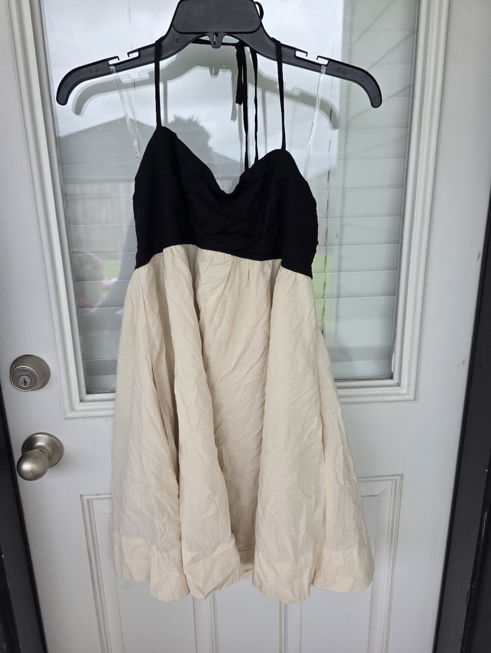 Row A Black Cream A-Line Midi Dress Halter Tie Back Cotton Linen Summer Dress M - Picture 2 of 8